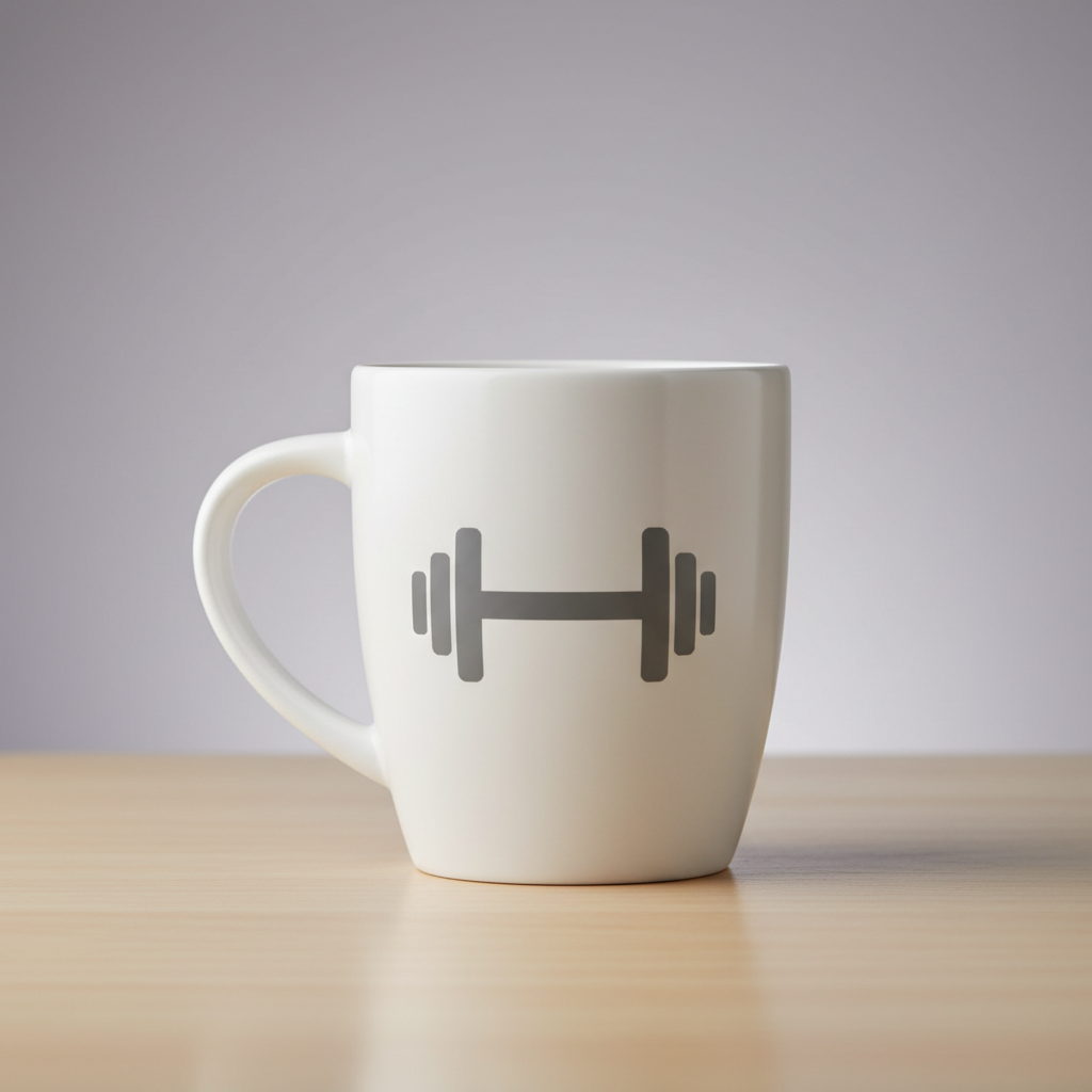 White ceramic gym mug with minimal dumbbell graphic