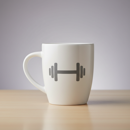 White ceramic gym mug with minimal dumbbell graphic