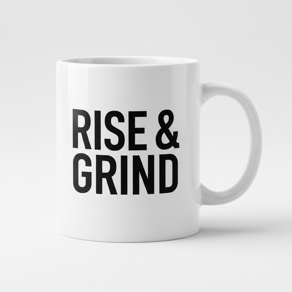 White ceramic gym mug with Rise & Grind motivational text