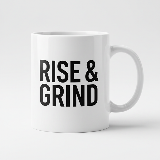 White ceramic gym mug with Rise & Grind motivational text