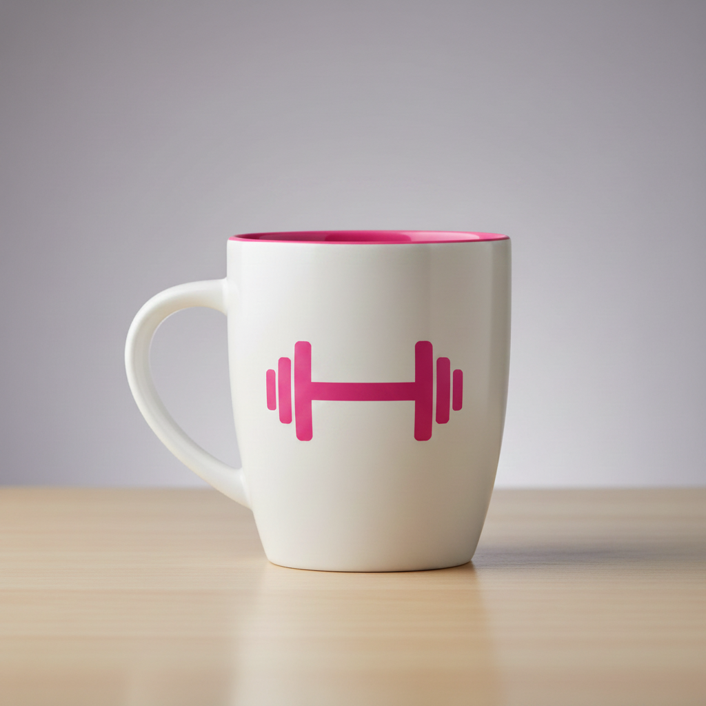 White ceramic gym mug with pink minimal dumbbell graphic