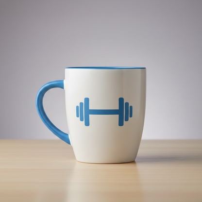 White ceramic gym mug with blue minimal dumbbell graphic