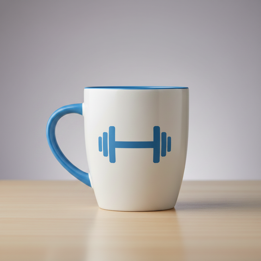 White ceramic gym mug with blue minimal dumbbell graphic