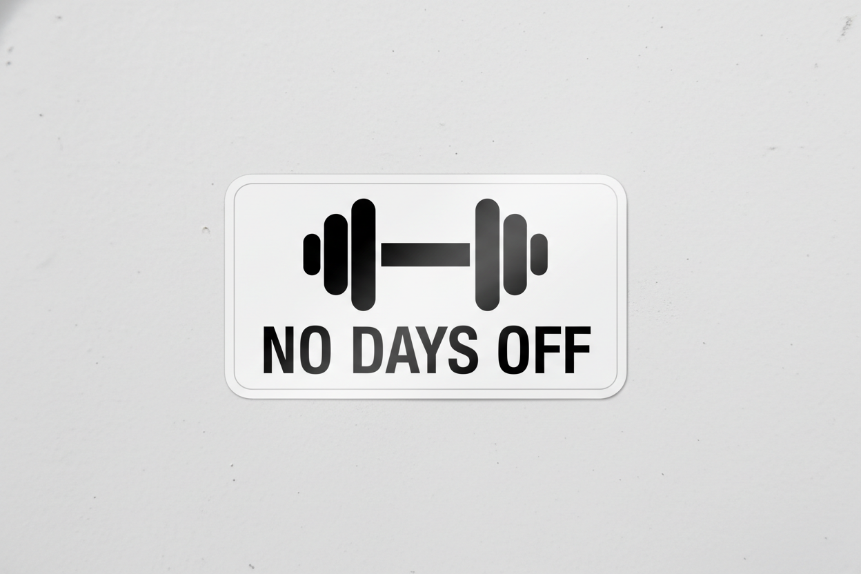 Clean minimal No Days Off gym sticker with dumbbell icon